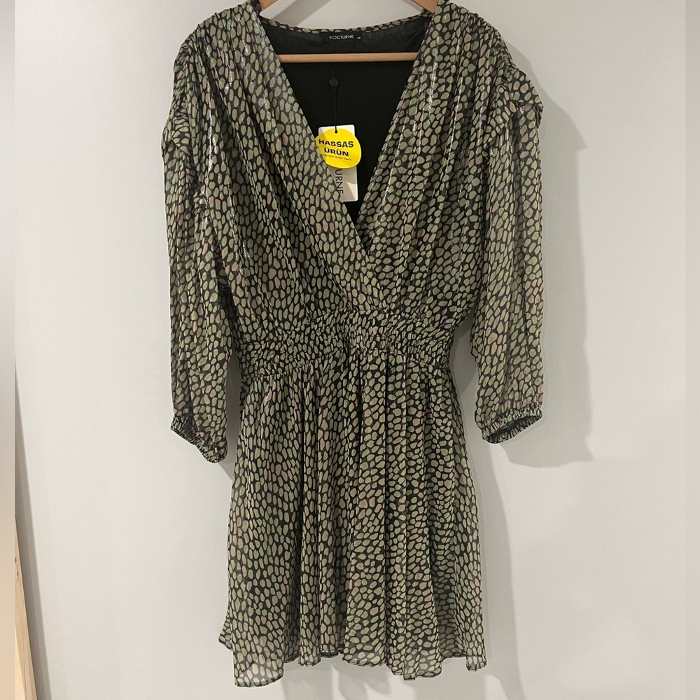 NWT Nocturne Dress in Black & Green with Smocked Waist, Size 42, US 12.